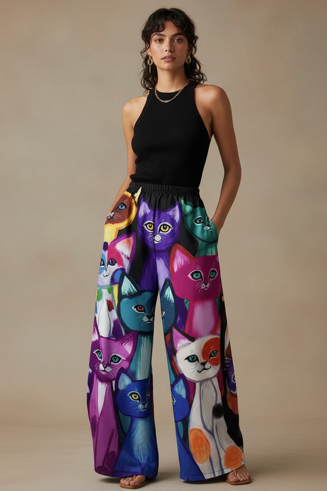 Pantalon Fluide Imprimé Chats Colorés Ample Décontracté - Multicolore Viscose