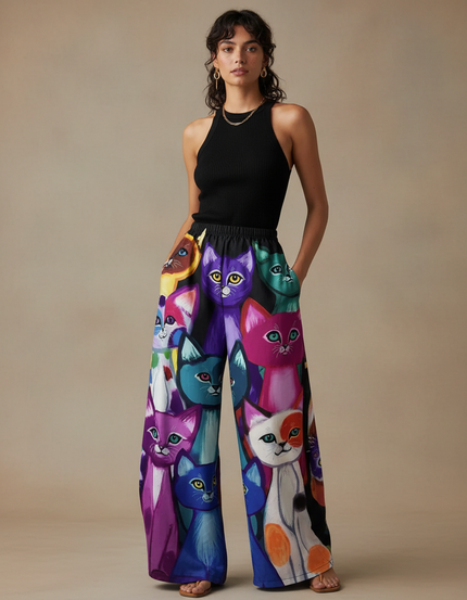 Pantalon Fluide Imprimé Chats Colorés Ample Décontracté - Multicolore Viscose