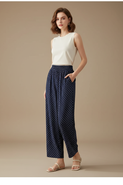 Pantalon Fluide Bleu Marine Pois Ample Décontracté Femme - Viscose