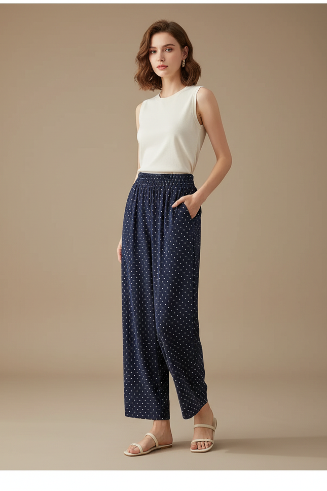Pantalon Fluide Bleu Marine Pois Ample Décontracté Femme - Viscose