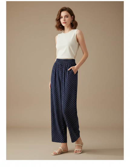 Pantalon Fluide Bleu Marine Pois Ample Décontracté Femme - Viscose