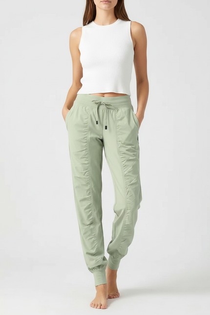 Pantalon Fluide Vert Ample Sport Décontracté Femme - Polyester