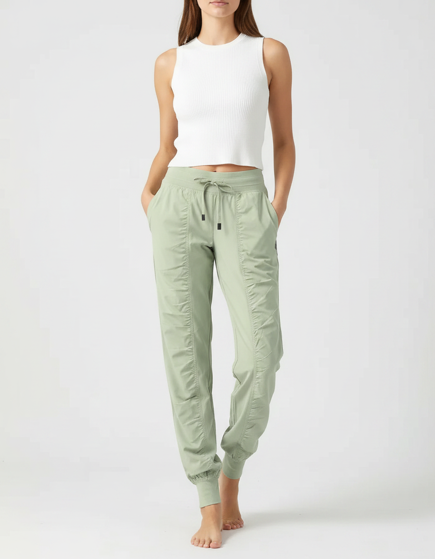 Pantalon Fluide Vert Ample Sport Décontracté Femme - Polyester