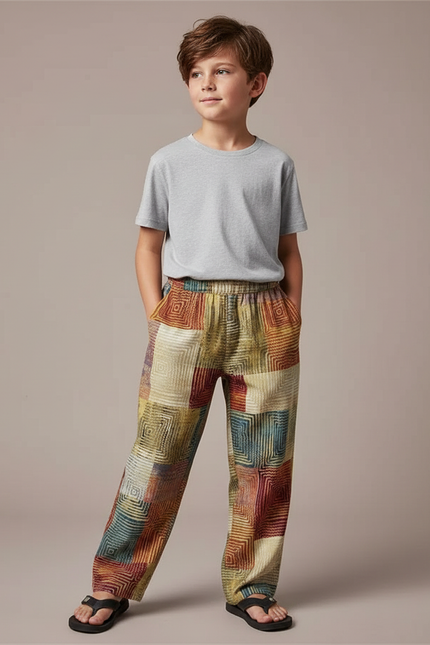 Pantalon Fluide Patchwork Coloré Géométrique Ample Enfant - Multicolore Coton