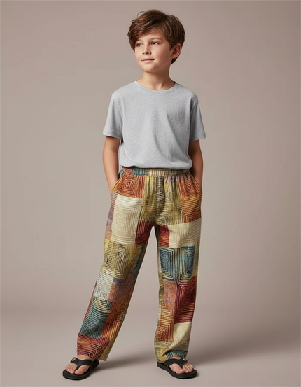 Pantalon Fluide Patchwork Coloré Géométrique Ample Enfant - Multicolore Coton