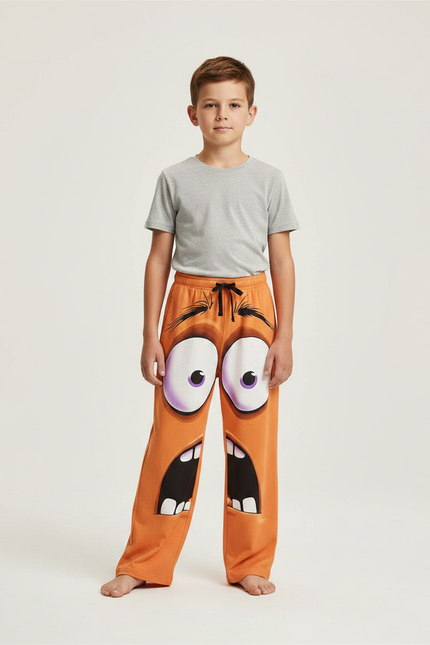 Pantalon Fluide Orange Ample Motif Visages Rigolos Enfant - Molleton