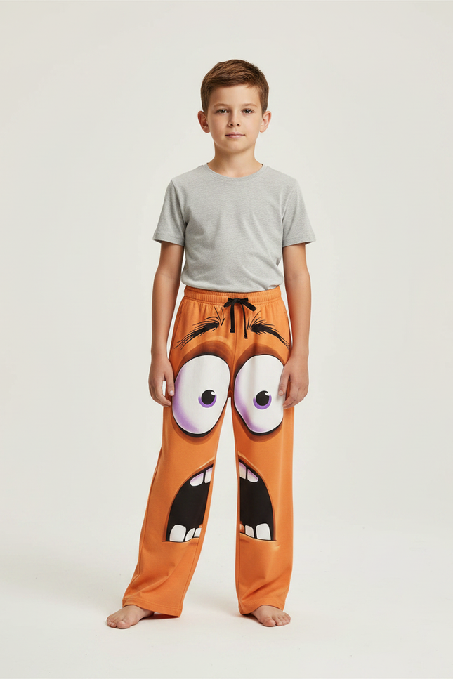 Pantalon Fluide Orange Ample Motif Visages Rigolos Enfant - Molleton