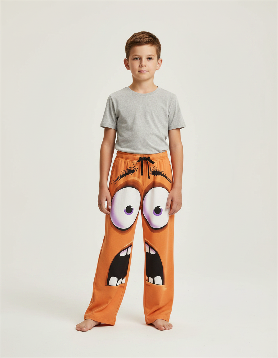 Pantalon Fluide Orange Ample Motif Visages Rigolos Enfant - Molleton