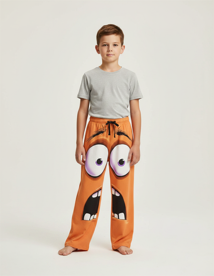 Pantalon Fluide Orange Ample Motif Visages Rigolos Enfant - Molleton