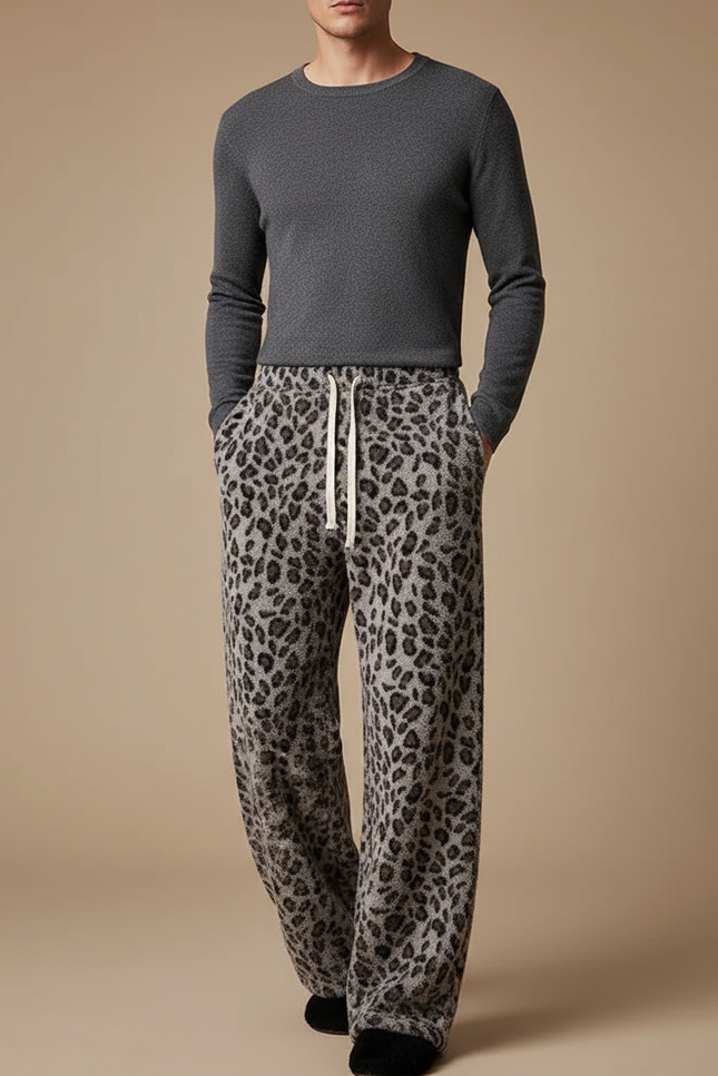 Pantalon Fluide Léopard Gris Ample Doux Cordon - Imprimé Molleton