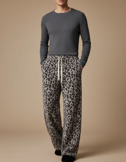 Pantalon Fluide Léopard Gris Ample Doux Cordon - Imprimé Molleton