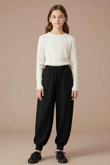 Pantalon Fluide Noir Ample Élastiqué Décontracté Enfant - Molleton