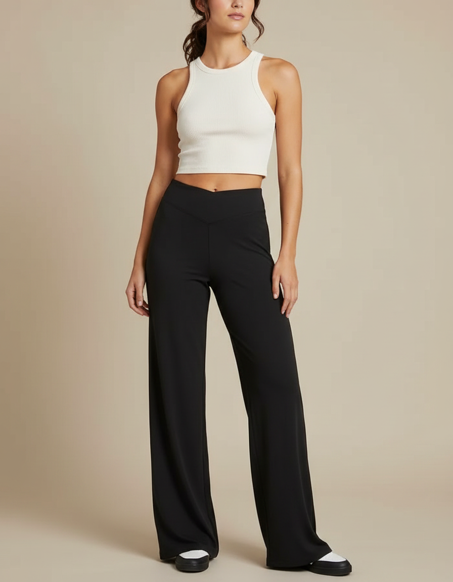 Pantalon Fluide Noir Ample Taille Haute Évasé Femme - Viscose