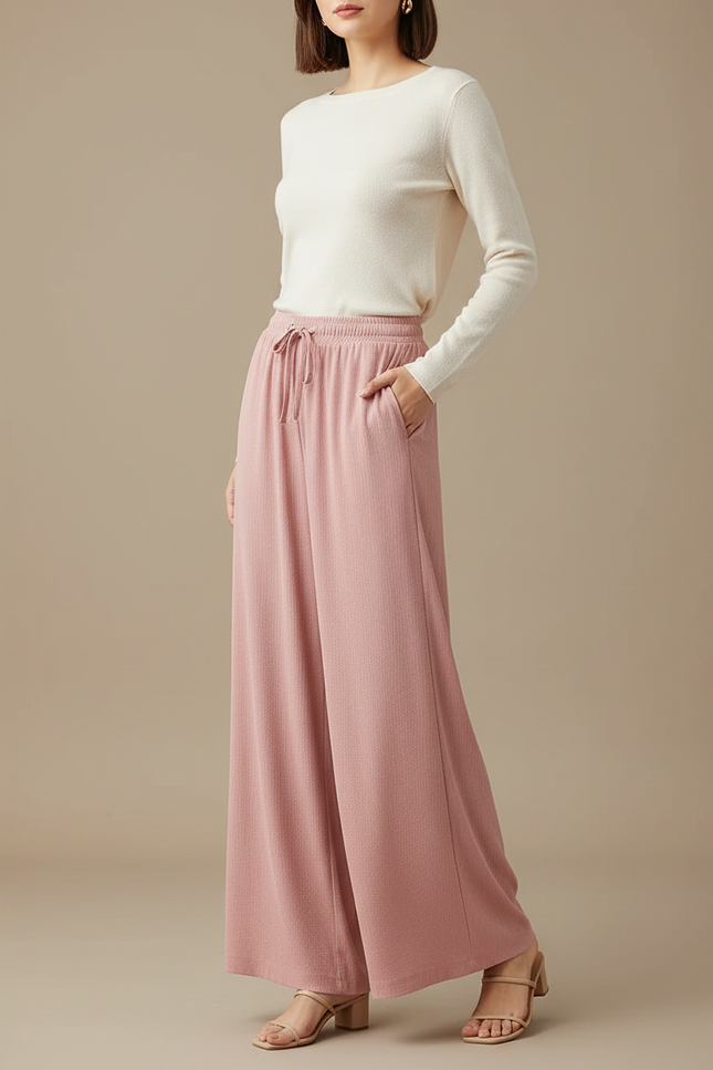 Pantalon Fluide Rose Ample Confortable Cordon Femme - Maille