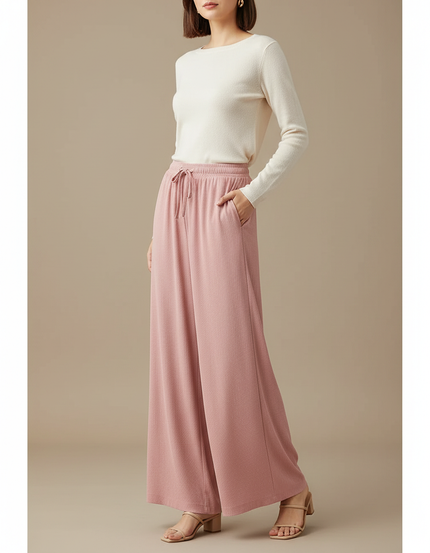 Pantalon Fluide Rose Ample Confortable Cordon Femme - Maille