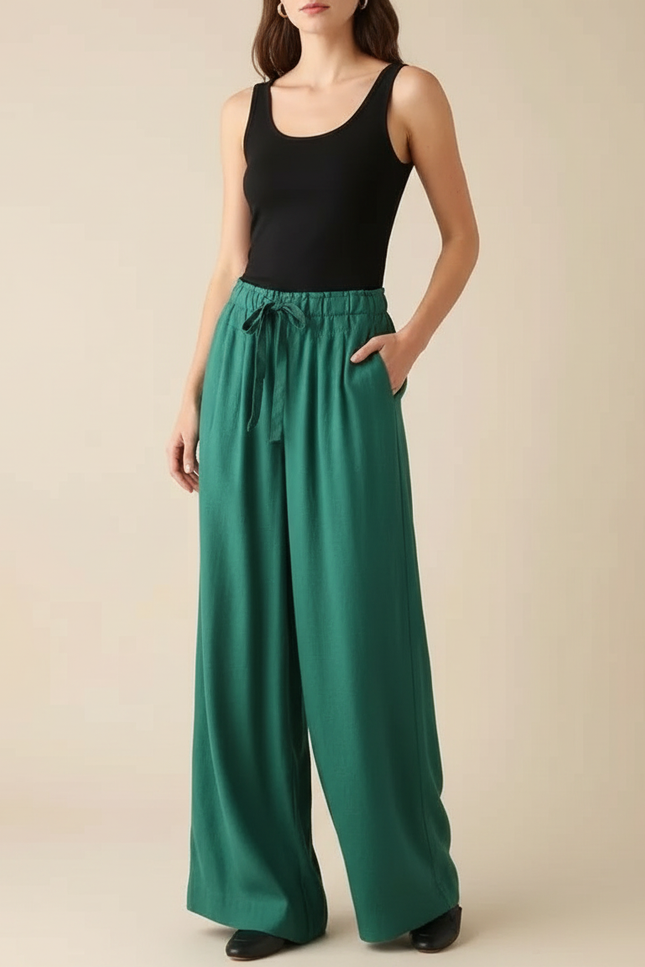Pantalon Fluide Vert Ample Cordon Décontracté Femme - Viscose