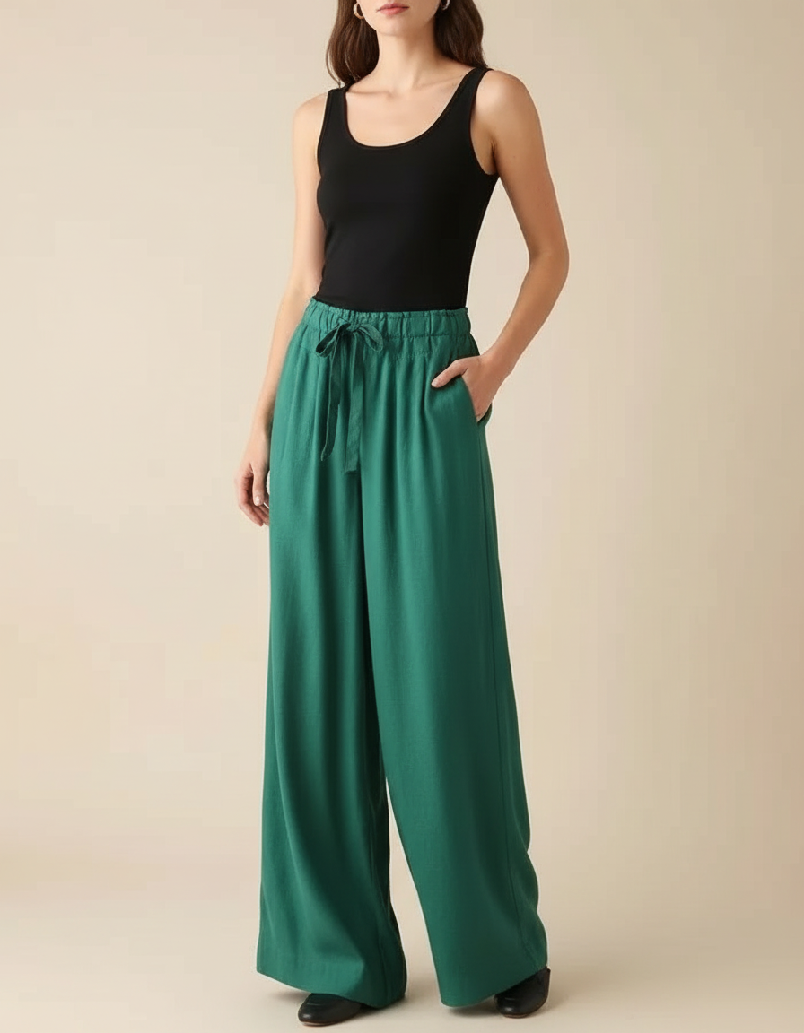 Pantalon Fluide Vert Ample Cordon Décontracté Femme - Viscose