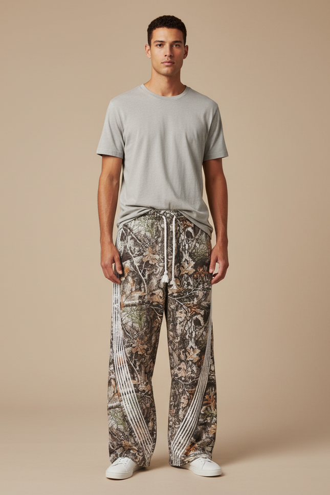 Pantalon Fluide Camouflage Ample Décontracté Rayures Blanches - Imprimé Molleton