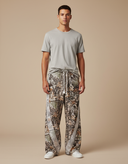 Pantalon Fluide Camouflage Ample Décontracté Rayures Blanches - Imprimé Molleton