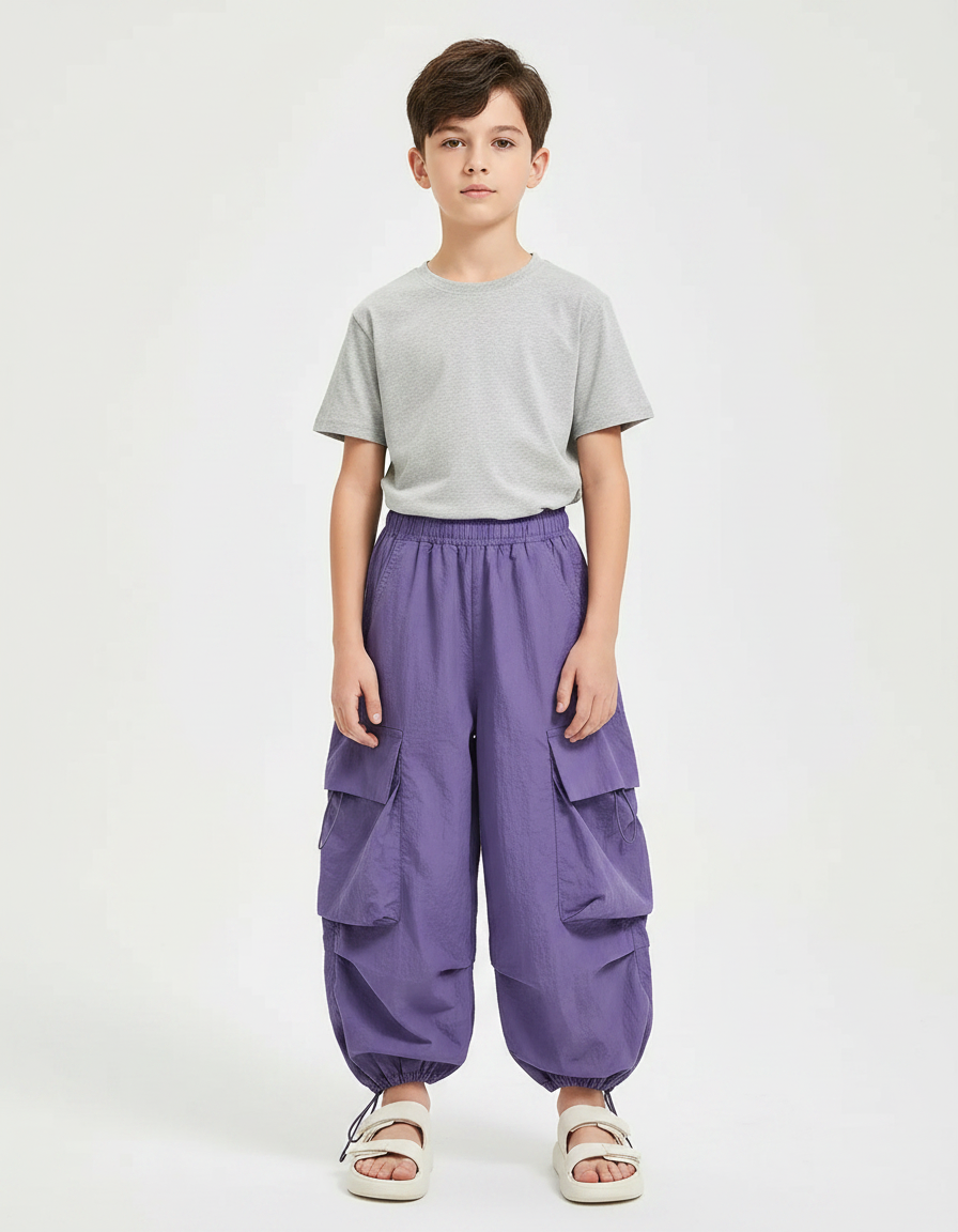 Pantalon Fluide Violet Cargo Ample Enfant Décontracté - Polyester