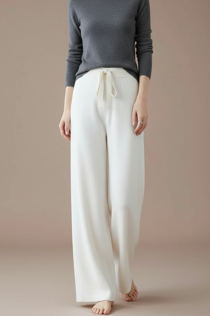Pantalon Fluide Blanc Laine Mérinos Ample Cordon