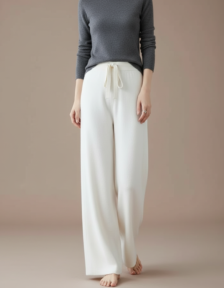 Pantalon Fluide Blanc Laine Mérinos Ample Cordon