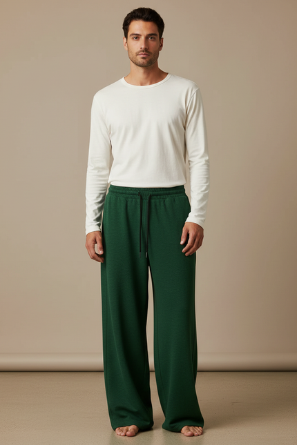 Pantalon Fluide Vert Ample Décontracté Cordon Homme - Molleton
