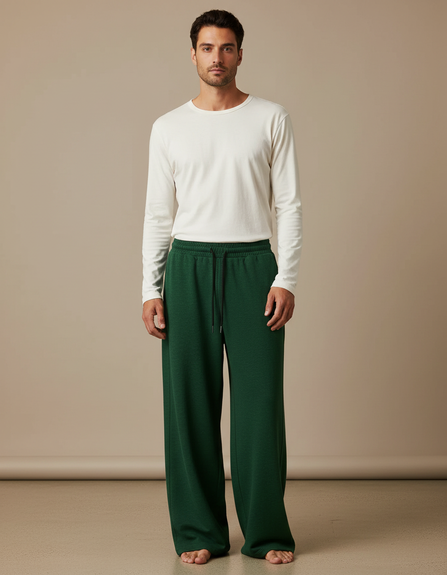 Pantalon Fluide Vert Ample Décontracté Cordon Homme - Molleton