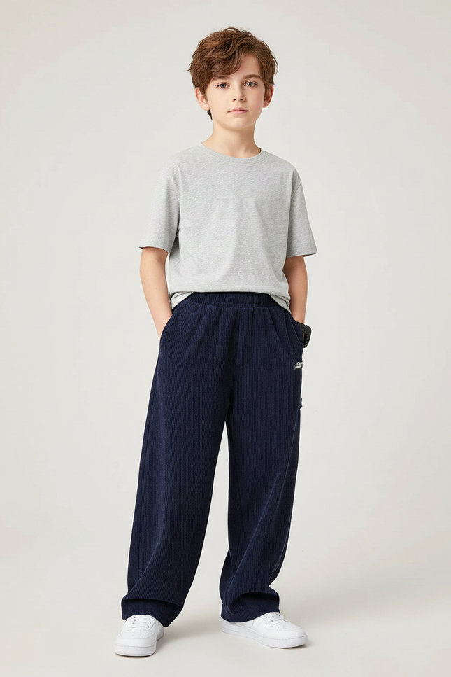 Pantalon Fluide Bleu Marine Côtelé Ample Décontracté Enfant - Cordé