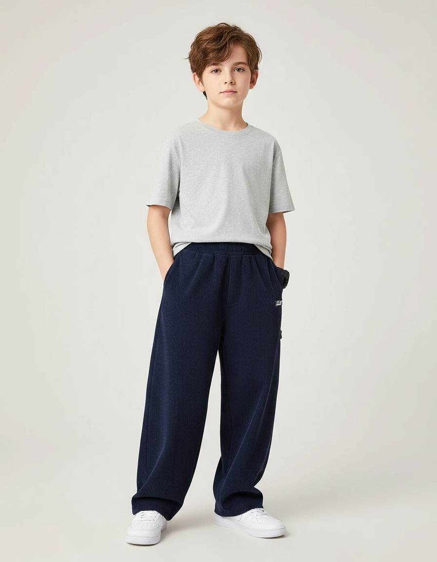 Pantalon Fluide Bleu Marine Côtelé Ample Décontracté Enfant - Cordé