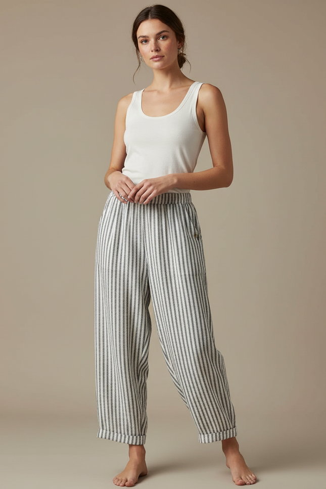 Pantalon Fluide Rayé Ample Taille Élastique Coton Lin - Imprimé