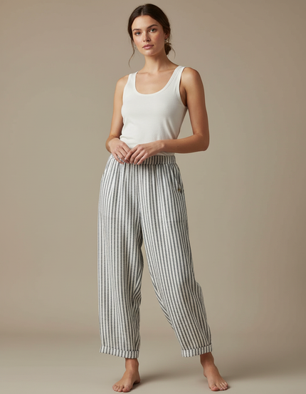 Pantalon Fluide Rayé Ample Taille Élastique Coton Lin - Imprimé