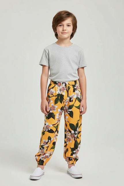 Pantalon Fluide Jaune Imprimé Floral Coton Léger Enfant