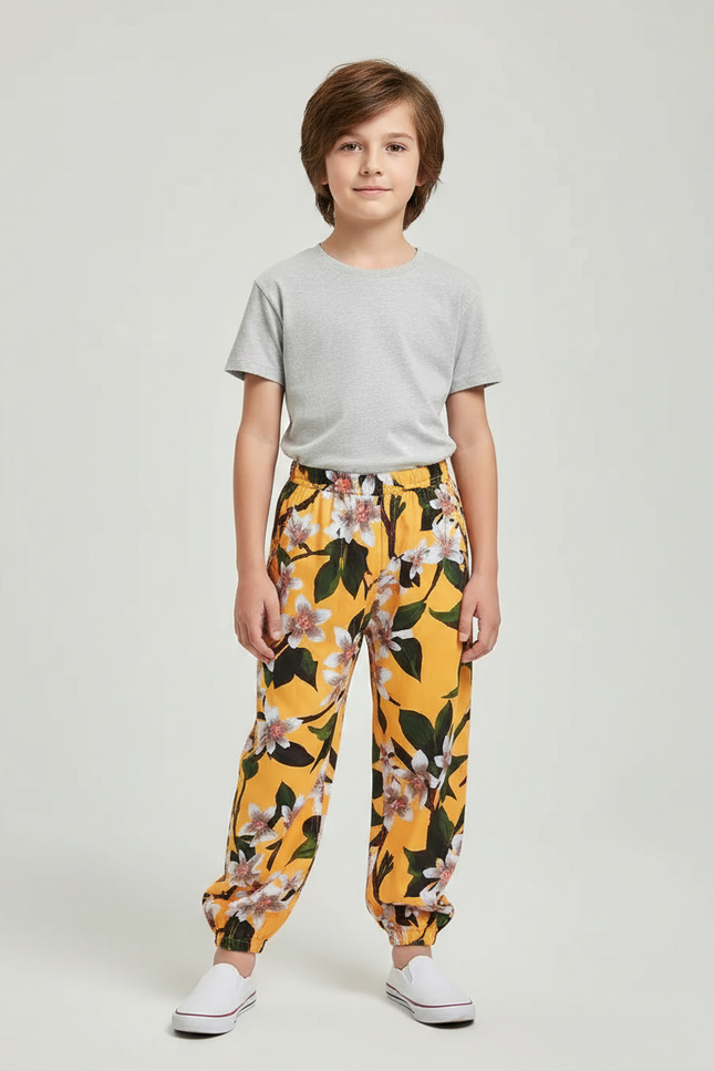 Pantalon Fluide Jaune Imprimé Floral Coton Léger Enfant