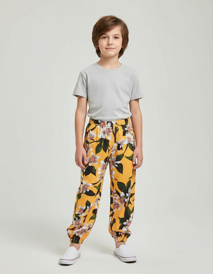 Pantalon Fluide Jaune Imprimé Floral Coton Léger Enfant