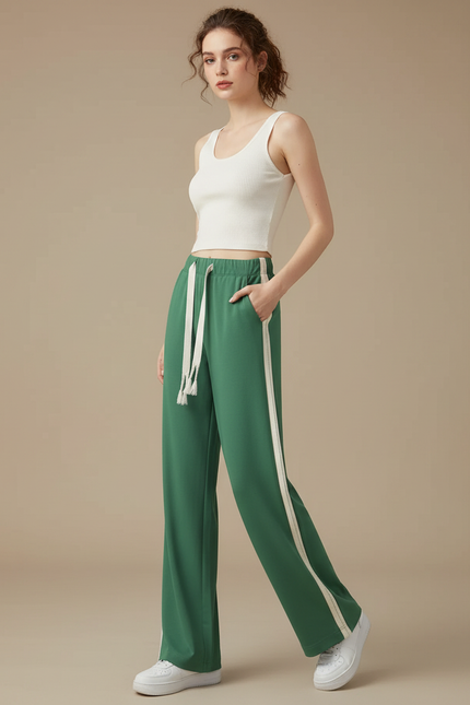 Pantalon Fluide Vert Ample Rayures Blanches Confortable - Polyester