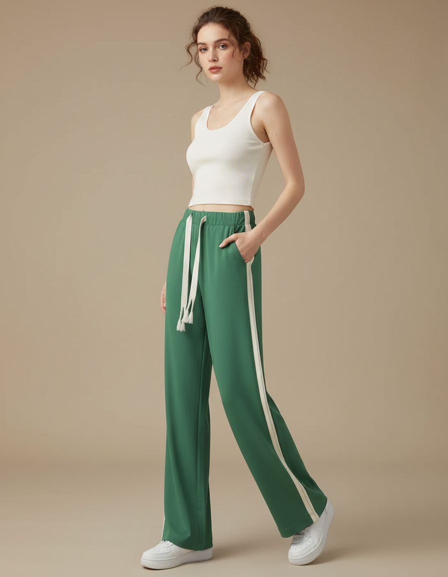 Pantalon Fluide Vert Ample Rayures Blanches Confortable - Polyester