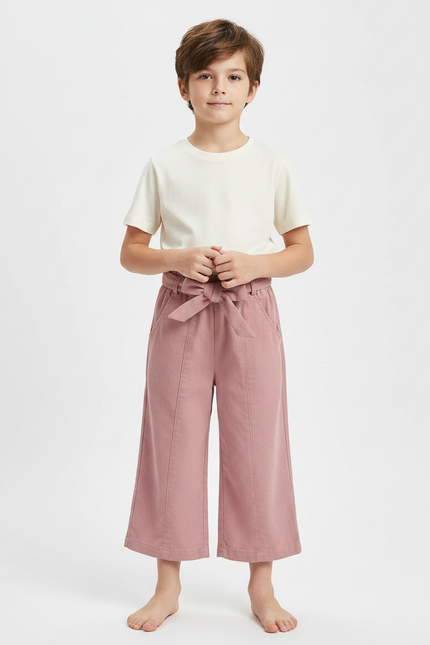 Pantalon Fluide Rose Coton Ample Ceinturé Fille