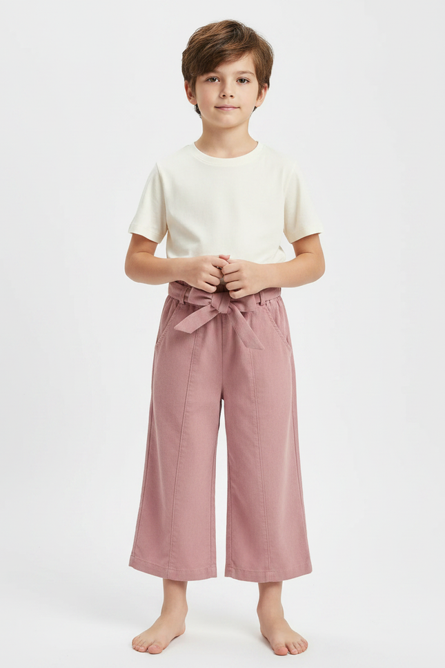Pantalon Fluide Rose Coton Ample Ceinturé Fille