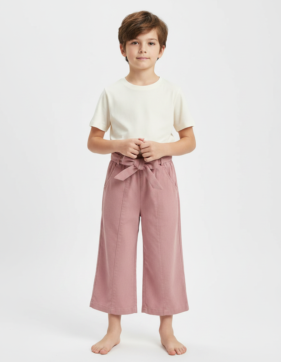 Pantalon Fluide Rose Coton Ample Ceinturé Fille