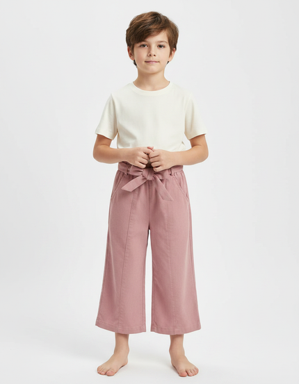 Pantalon Fluide Rose Coton Ample Ceinturé Fille
