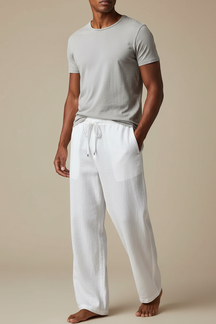 Pantalon Fluide Lin Blanc Décontracté Ample Cordon Homme