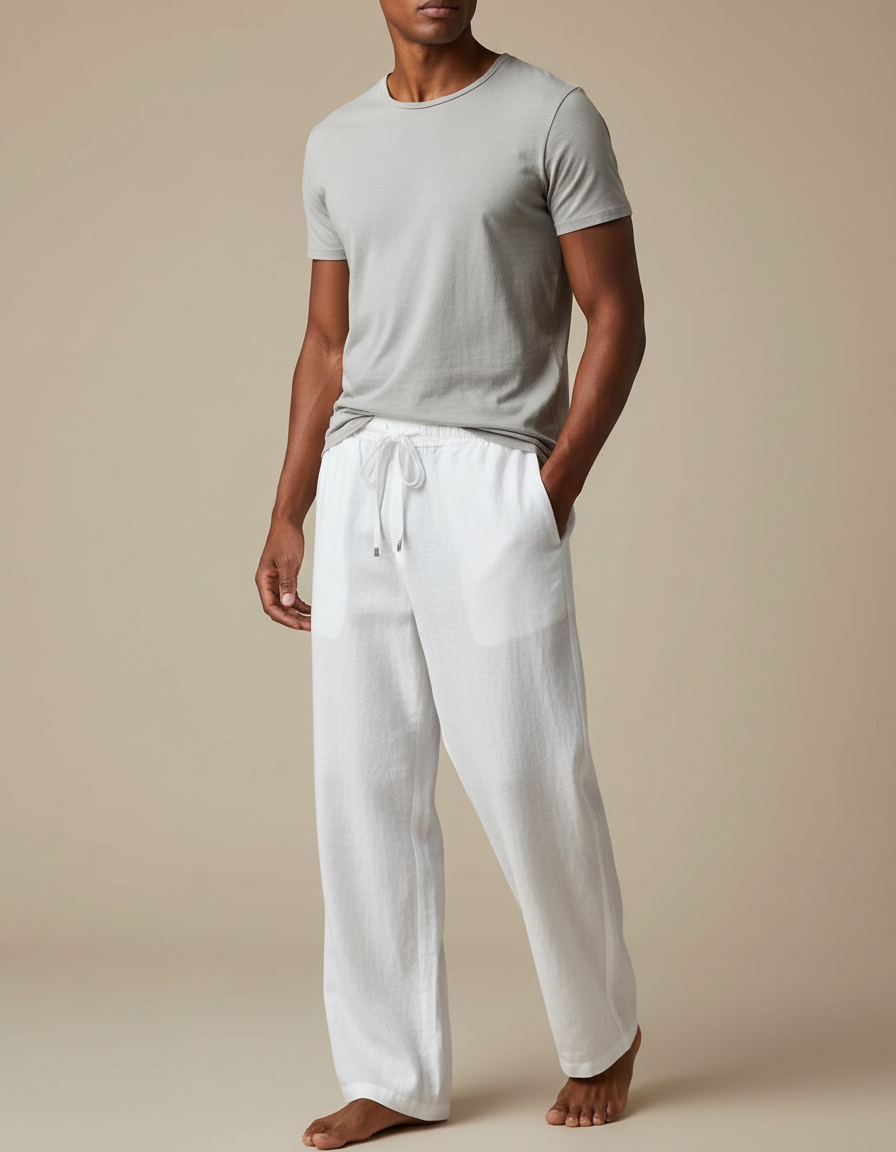 Pantalon Fluide Lin Blanc Décontracté Ample Cordon Homme
