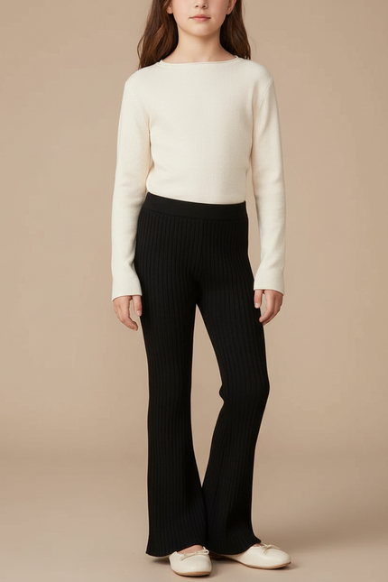 Pantalon Fluide Noir Tricoté Côtelé Évasé Enfant - Maille