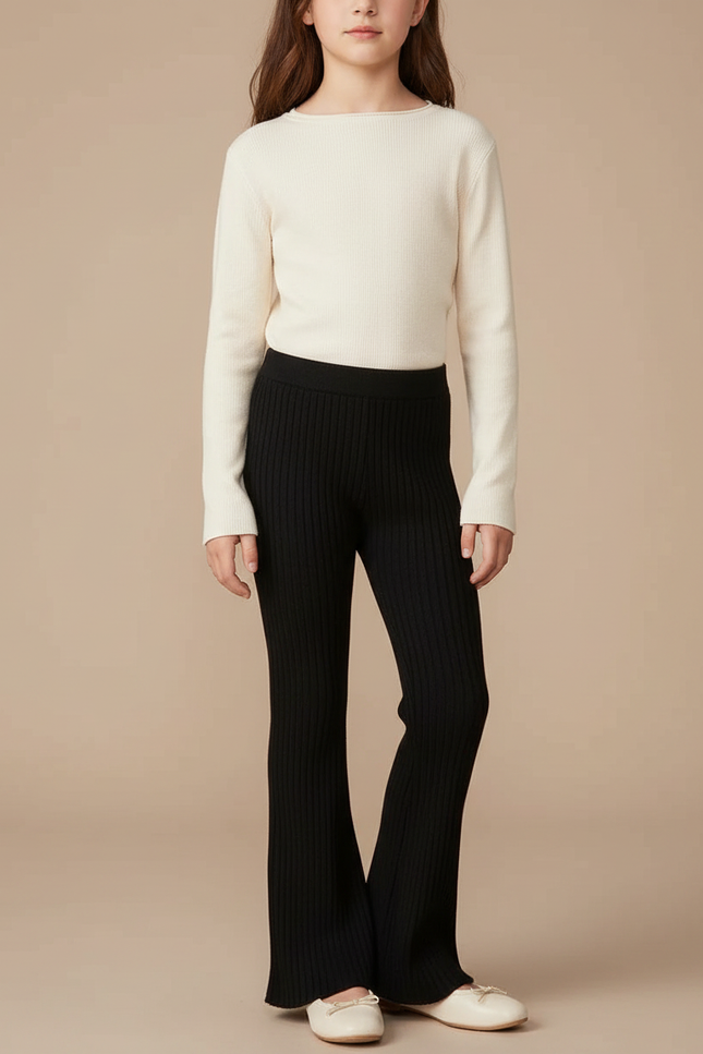 Pantalon Fluide Noir Tricoté Côtelé Évasé Enfant - Maille