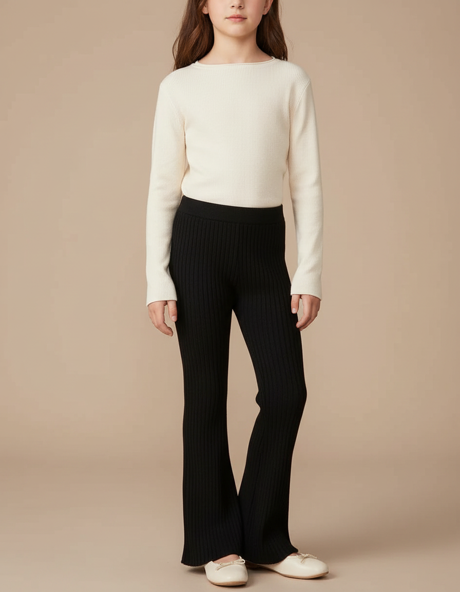 Pantalon Fluide Noir Tricoté Côtelé Évasé Enfant - Maille