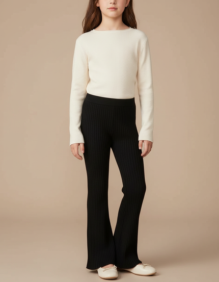 Pantalon Fluide Noir Tricoté Côtelé Évasé Enfant - Maille