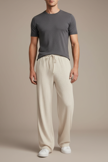 Pantalon Fluide Écru Côtelé Ample Décontracté Homme - Beige Cordé