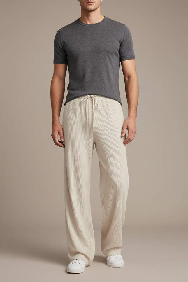 Pantalon Fluide Écru Côtelé Ample Décontracté Homme - Beige Cordé