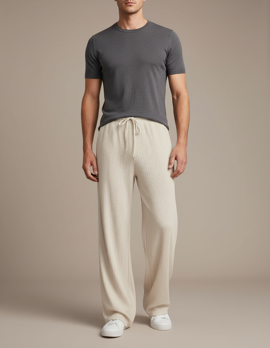 Pantalon Fluide Écru Côtelé Ample Décontracté Homme - Beige Cordé